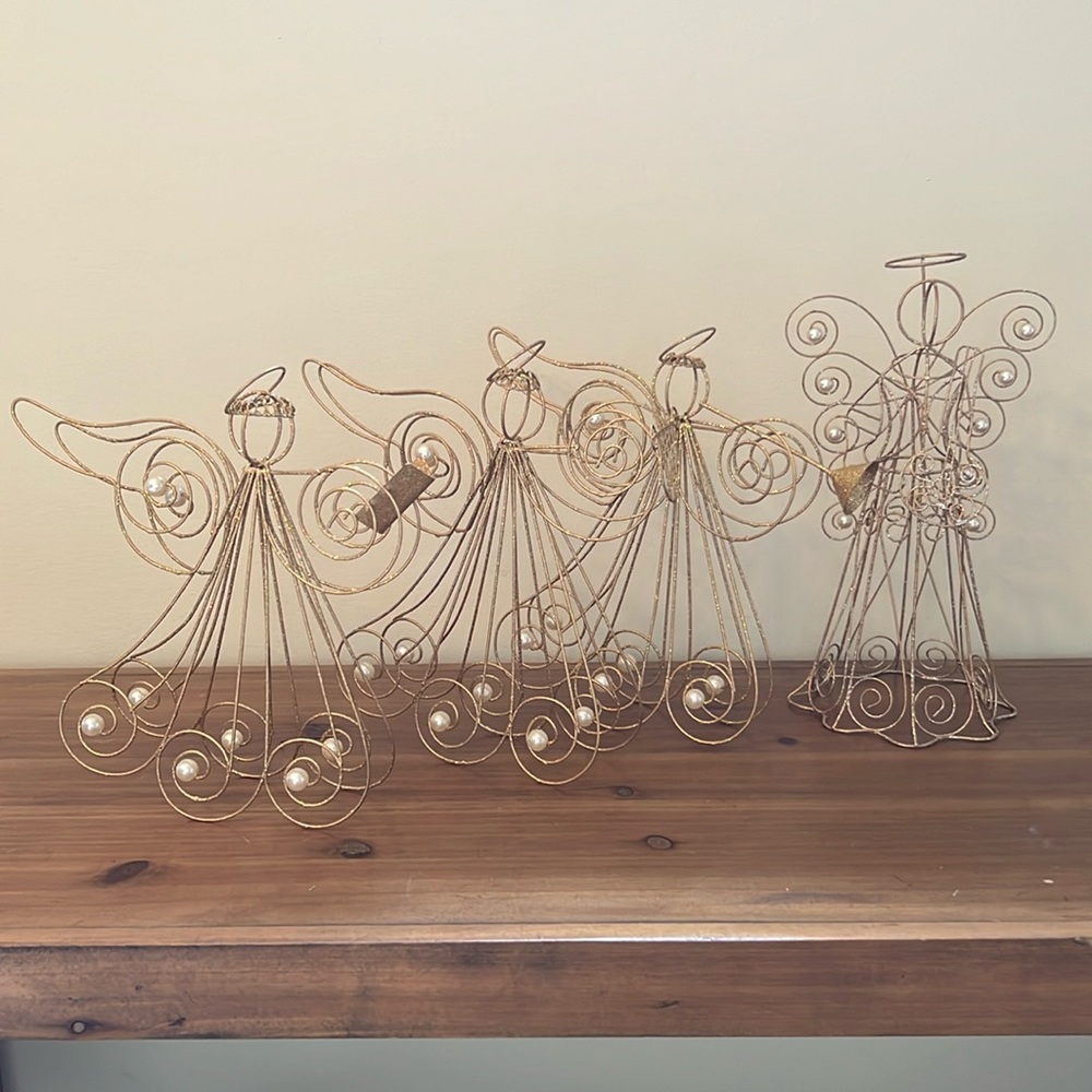 Set of 4 Vintage Gold Wire & Pearl Christmas Angels Decorations